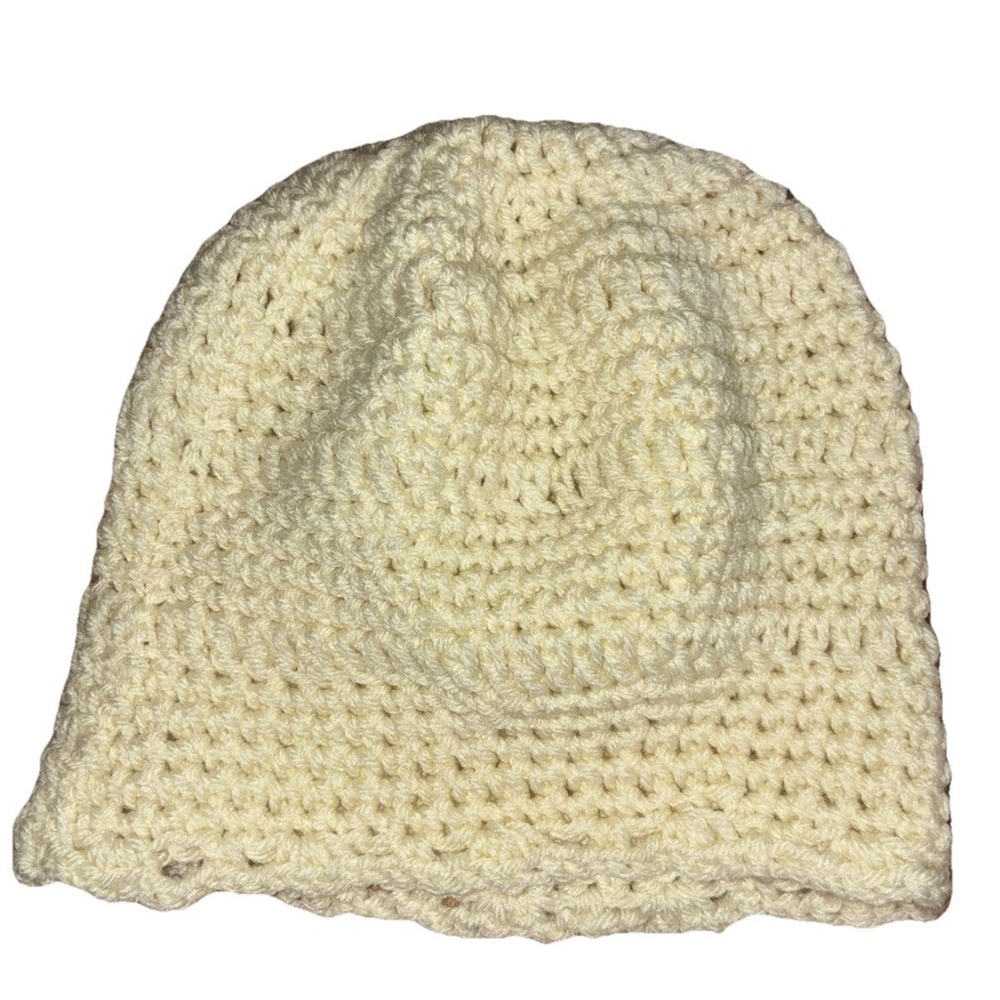 Beanie Hat Women's Natural‎ White Crochet Handmade Scalloped Hem Slouchy NEW